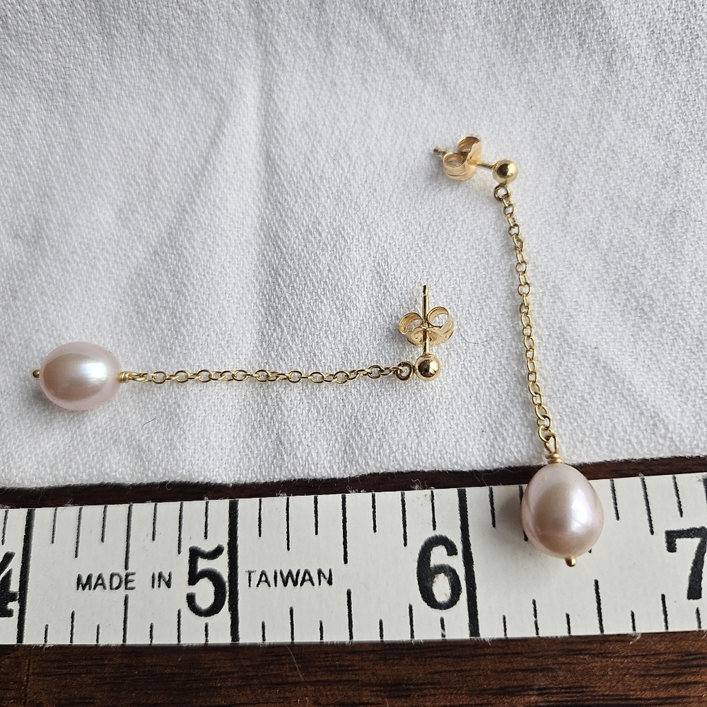 Pale Pink Pearl Drop Earrings in Gold